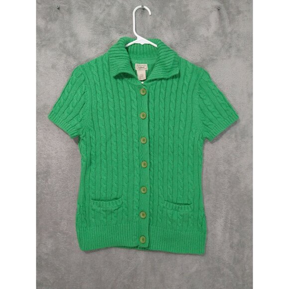 LL Bean Sweater Womens Medium Green Cardigan Cable Knit Short Sleeves Button Up - Picture 1 of 7